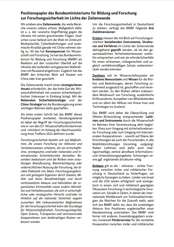 Positionspapier des Bundesministeriums für Bildung und Forschung zur Forschungssicherheit im Lichte der Zeitenwende