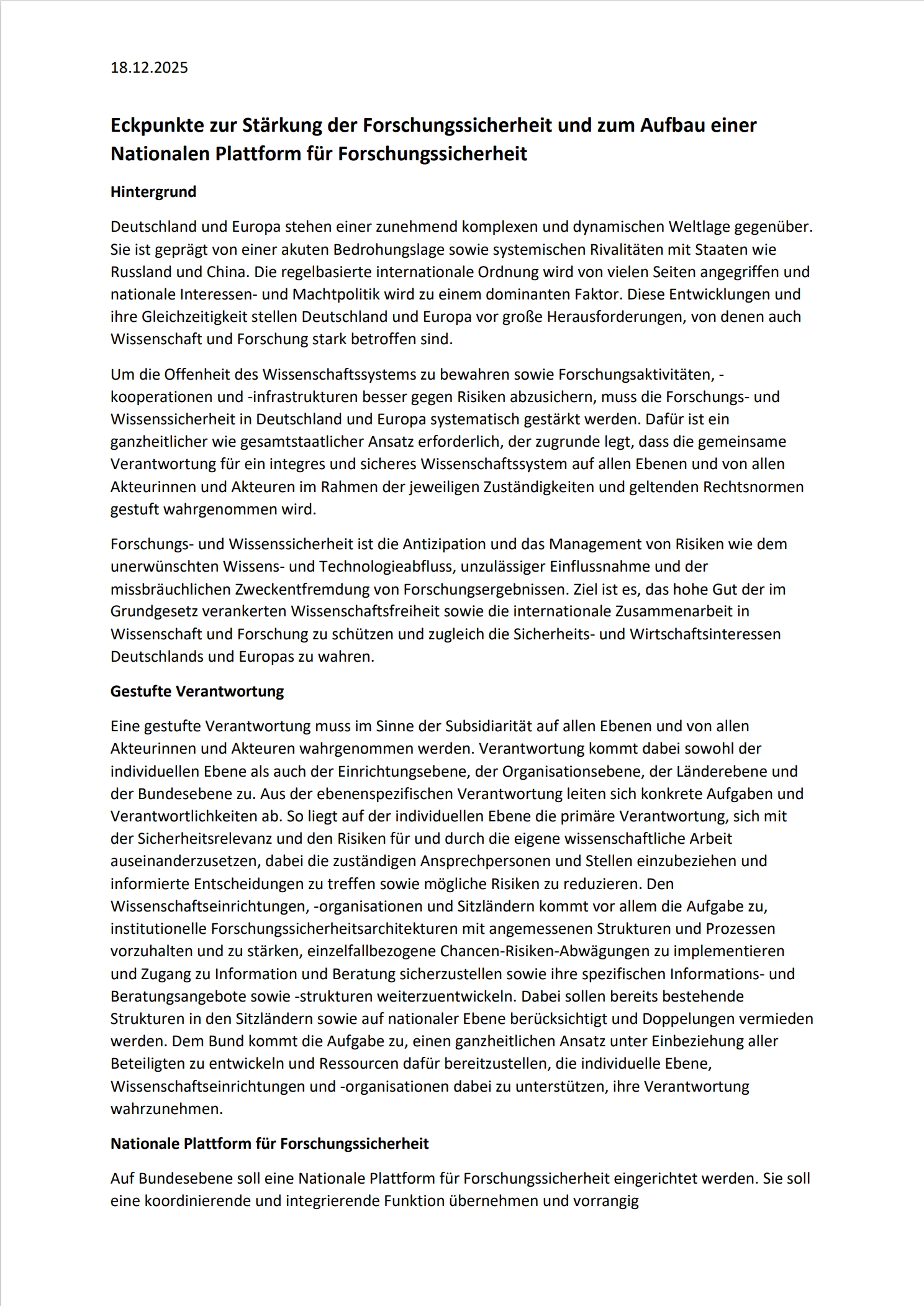 Eckpunkte zur Stärkung der Forschungssicherheit und zum Aufbau einer Nationalen Plattform für Forschungssicherheit