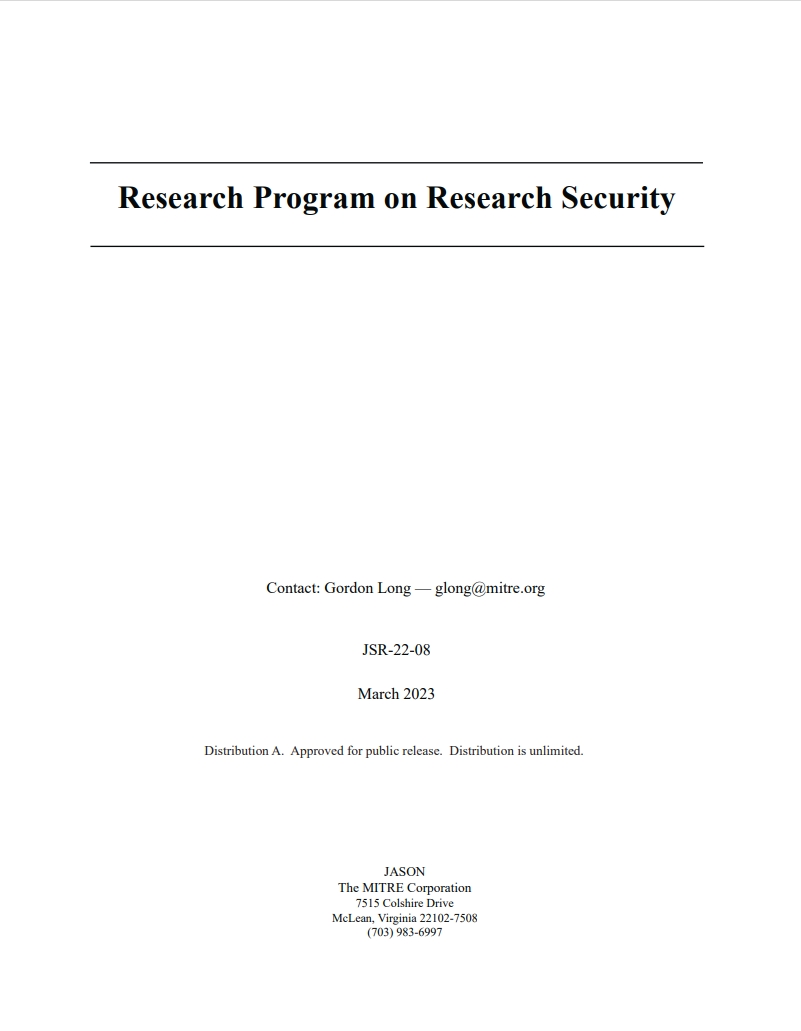 Cover JASON report: Research Program on Research Security