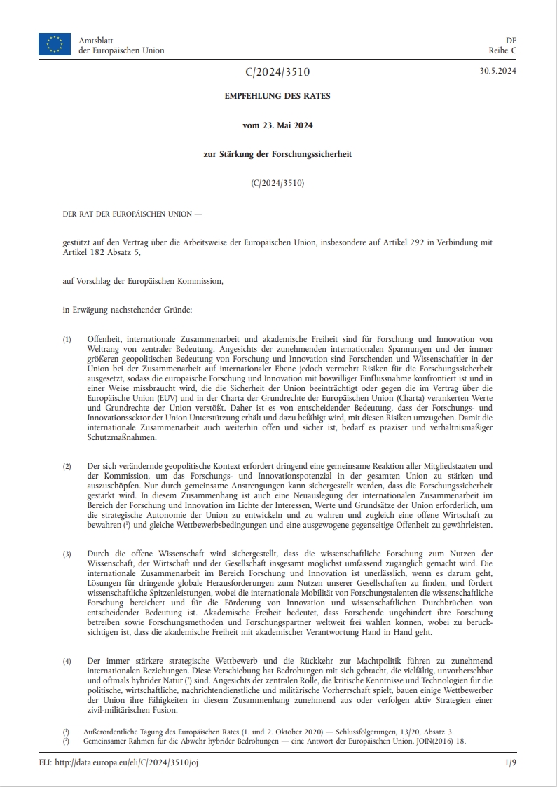 Empfehlung des Rates vom 23. Mai 2024 zur Stärkung der Forschungssicherheit
